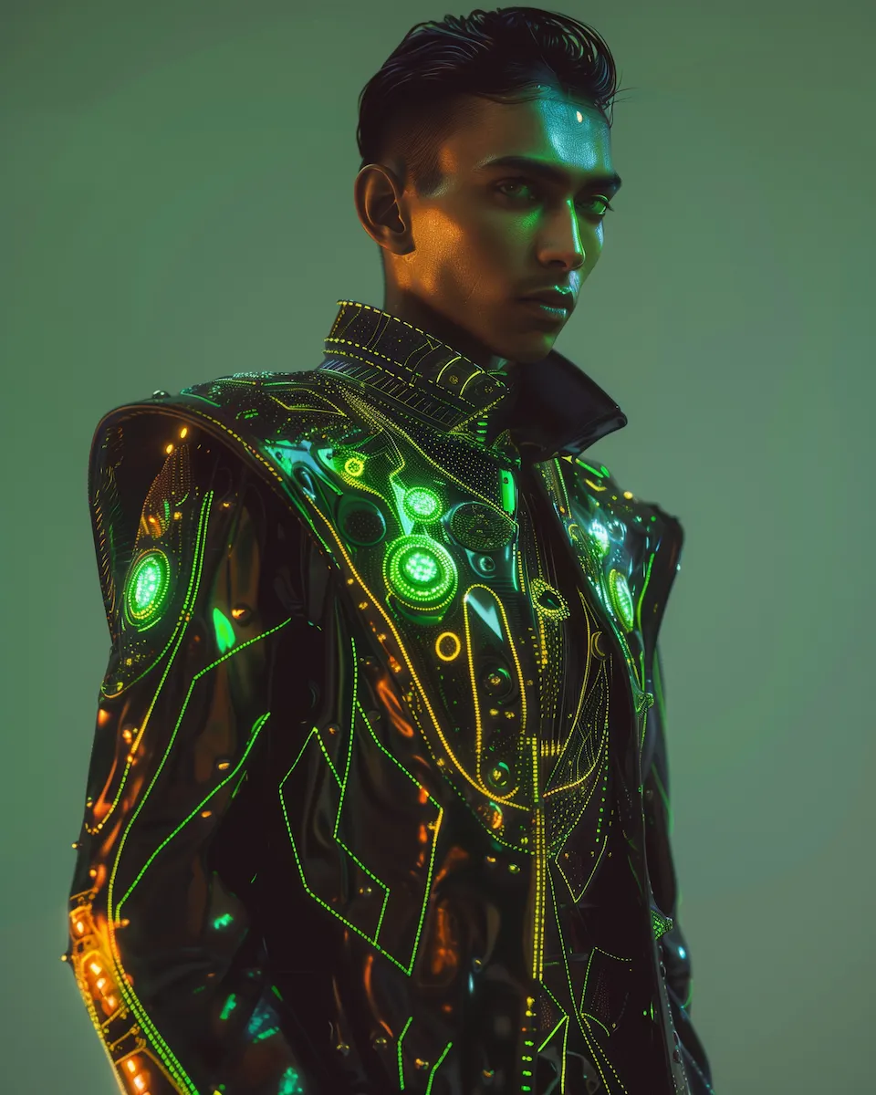 A model wearing sci-fi-inspired futuristic Indian fashion.